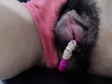 Hairy babe toys her squirting pussy close up